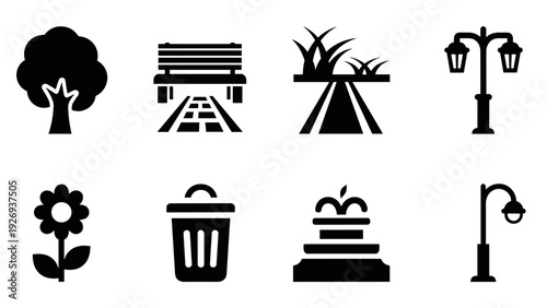 park elements set including tree bench grass flower trash bin fountain and street lamps in black silhouette style