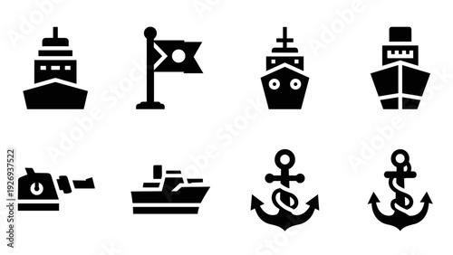collection of black nautical icons including ships anchors marine flag and telescope in silhouette style