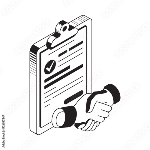A handshake near a clipboard symbolizes agreement partnership or a completed task