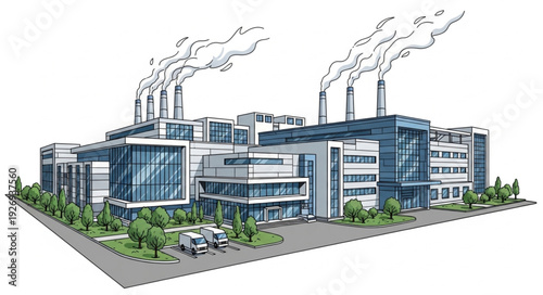 Modern industrial complex with multiple smokestacks emitting pollution into the atmosphere.