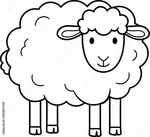 Simple black and white line art drawing of a cute cartoon sheep standing isolated against a white background perfect for coloring books or simple design elements.