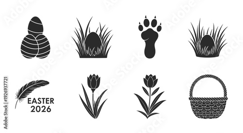 Easter symbols including decorated eggs, grass, a paw print, tulips, a feather, and a basket.