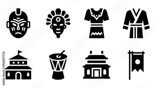set of black silhouette tribal masks traditional clothing cultural buildings and musical instrument icons