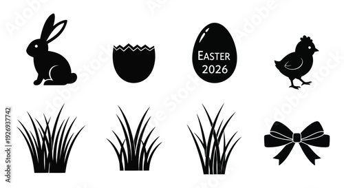 Easter holiday symbols including a bunny, chick, egg, grass, and bow.