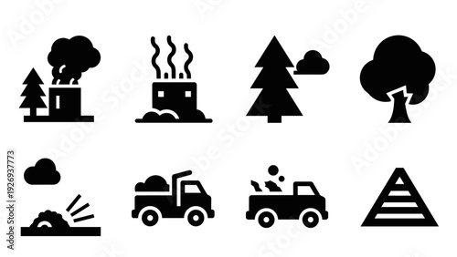 set of pollution and environment related black silhouette icons including factory emissions trees trucks and waste pile
