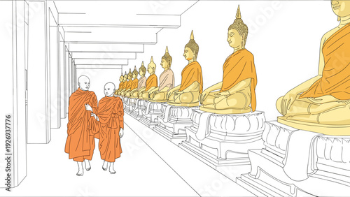 two buddhist monks walking in temple corridor with row of golden buddha statues hand drawn illustration