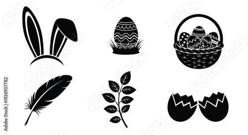 A collection of black and white Easter-themed icons featuring bunny ears, an egg, and a basket.