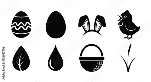 A collection of black and white Easter-themed icons including eggs, a chick, and a basket.