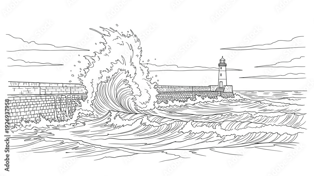 Obraz premium sea waves crashing against pier with lighthouse line art hand drawn illustration