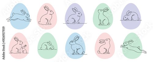 Easter bunny outline icon set, cute rabbit line art collection inside pastel egg shapes isolated on transparent background