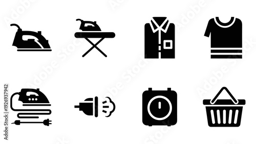 set of black steam iron and clothing icons in simple silhouette style for laundry and household use