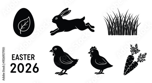 Easter holiday icons including a bunny, chicks, egg, grass, and carrots for 2026.