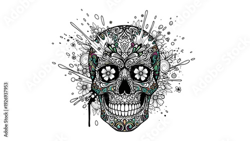 decorated ornamental skull with floral hand drawn intricate patterns and splashes illustration