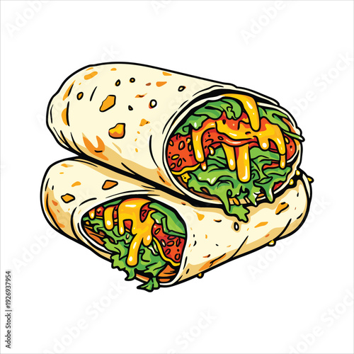 Two colorful cartoon burritos stacked showcasing vibrant fillings and dripping sauce