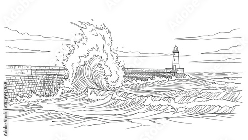 sea waves crashing against pier with lighthouse line art hand drawn illustration