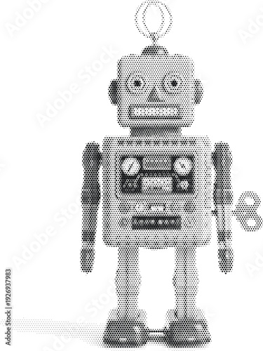 retro object black white monochrome toy robot halftone illustration poster print