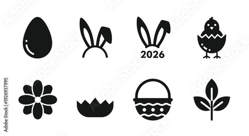 A collection of black and white Easter themed icons includes an egg, bunny ears, a chick, a flower, a basket, and leaves.