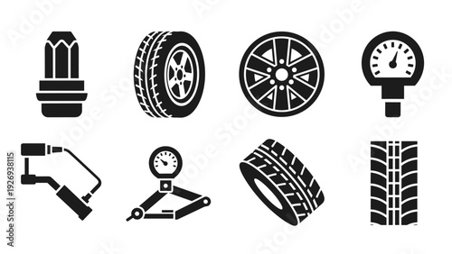 car tire and wheel icons set with pressure gauges and tire inflator in black silhouette style for automotive design
