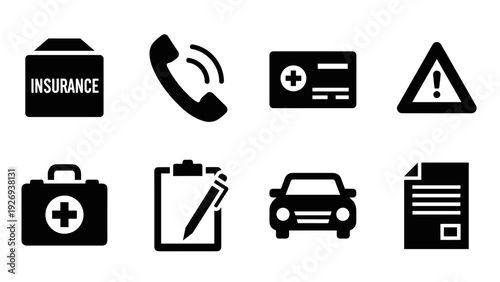 set of insurance and medical icons in black silhouette style for documents and communication