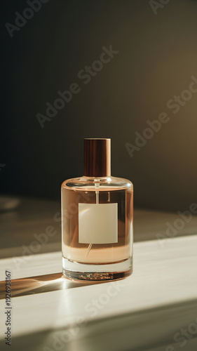 Glass perfume bottle with white label on table