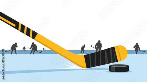 yellow hockey stick with black tape and puck on ice rink with player silhouettes in flat vector style