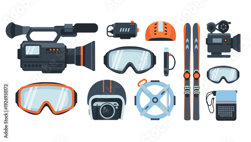 collection of ski and snowboarding equipment with cameras helmet goggles and skis in flat style