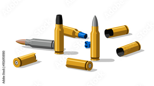 set of realistic rifle and shotgun cartridges with brass casings and colored tips isolated on white background