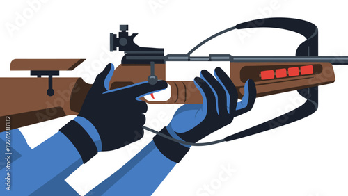 hand drawn illustration of hands holding a hunting rifle with scope and gloves in flat style