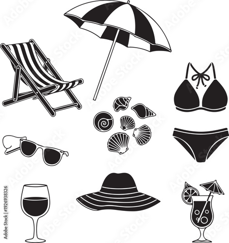 Black and white beach vacation icons and accessories