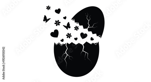 A cracked egg releases hearts, flowers, and butterflies into the air, symbolizing new beginnings.