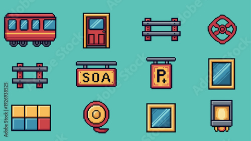set of pixel art train wagon door window tracks and sign icons hand drawn style