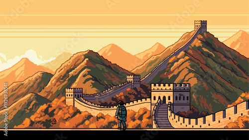 pixel art style illustration of a traveler walking on the great wall of china during sunset with scenic mountainous background