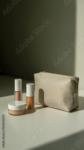 makeup products and beige cosmetic bag on table