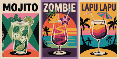 Mojito Zombie Lapu Lapu Cocktail Posters, Colorful Retro Drink Illustration Collection in Teal Coral Purple and Yellow