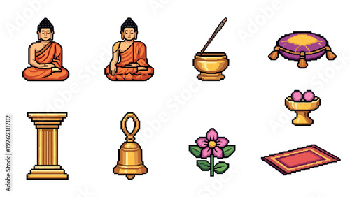 set of pixel art buddhist icons including sitting buddha golden bowl bell flower and mat
