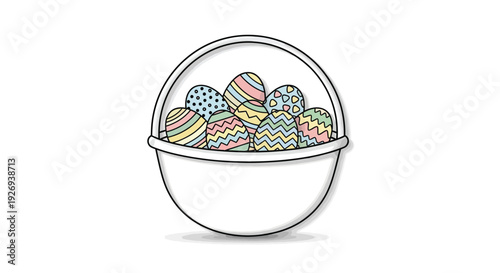 A basket overflowing with colorful, decorated Easter eggs rests on a white background.