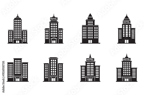 Hotel building icon set black silhouette architecture structure urban city skyscraper accommodation tourism business real estate lodging house isolated on transparent background