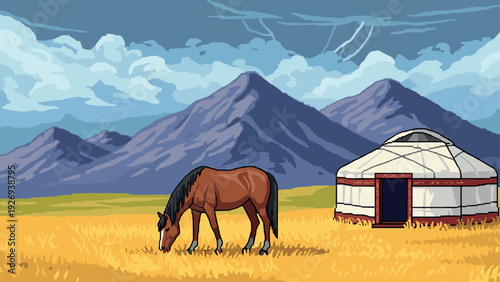 brown horse grazing in yellow grass near traditional yurt with mountain landscape digital art