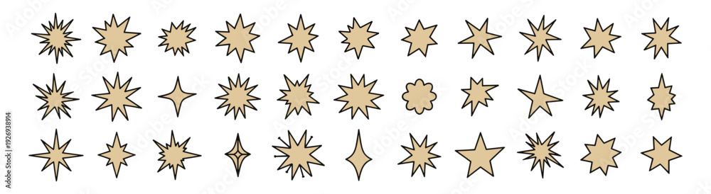 Obraz premium Golden starburst and sparkle icon set, decorative hand drawn star shapes collection isolated on transparent background