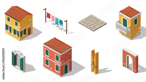 isometric italian village elements set with houses windows arch clothesline and clothespin in flat style