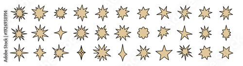 Golden starburst and sparkle icon set, decorative hand drawn star shapes collection isolated on transparent background