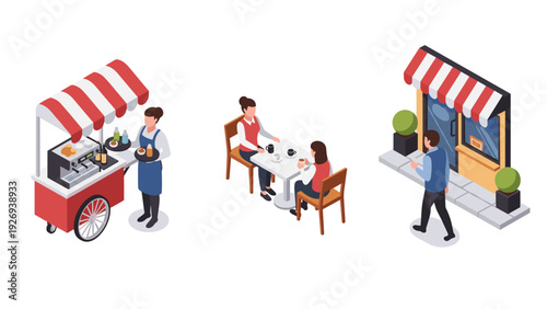isometric street cafe scene with vendor serving drinks two women drinking coffee and man walking to cafe entrance illustration