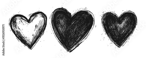 Rough hand drawn black hearts collection, textured scribble love symbols isolated on transparent background