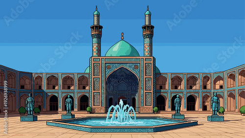 courtyard of historic mosque with fountain and statues hand drawn vector illustration of traditional islamic architecture