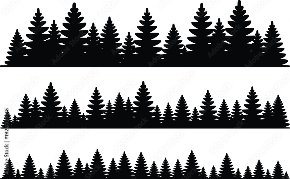 Obraz premium Pine forest silhouette vector set with evergreen tree borders, nature landscapes, and wilderness outdoor woodland background element