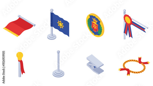 set of hand drawn isometric flag accessories including flags, poles, rosette, seal, clip, and rope elements for decoration and design