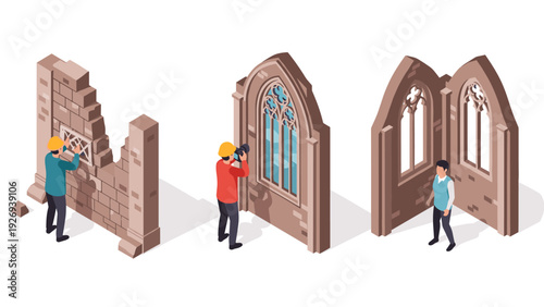 three isometric people inspecting and restoring ancient stained glass windows in old stone walls vector illustration
