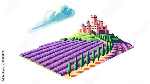 lavender field with cypress trees and a castle on a hill hand drawn vector illustration