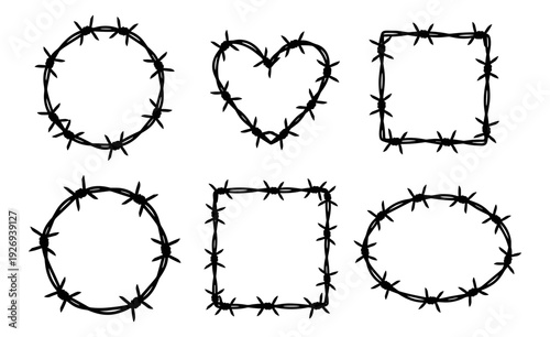 Barbed wire frame set, circle heart square and oval thorn borders isolated on transparent background