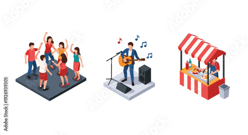 isometric group dance musician playing guitar and street food vendor stall collection